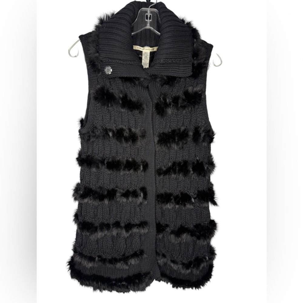 Diane Von Furstenberg Alcina Genuine Rabbit Fur Sweater Vest Black size Large